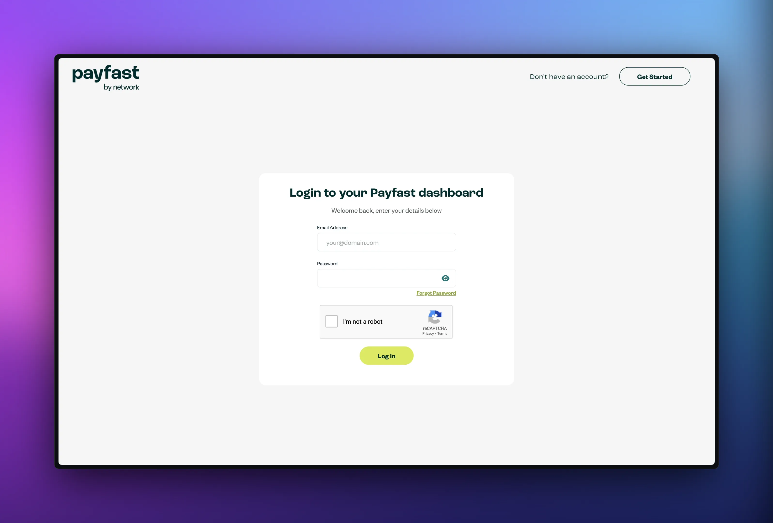 Screenshot of payfast login screen