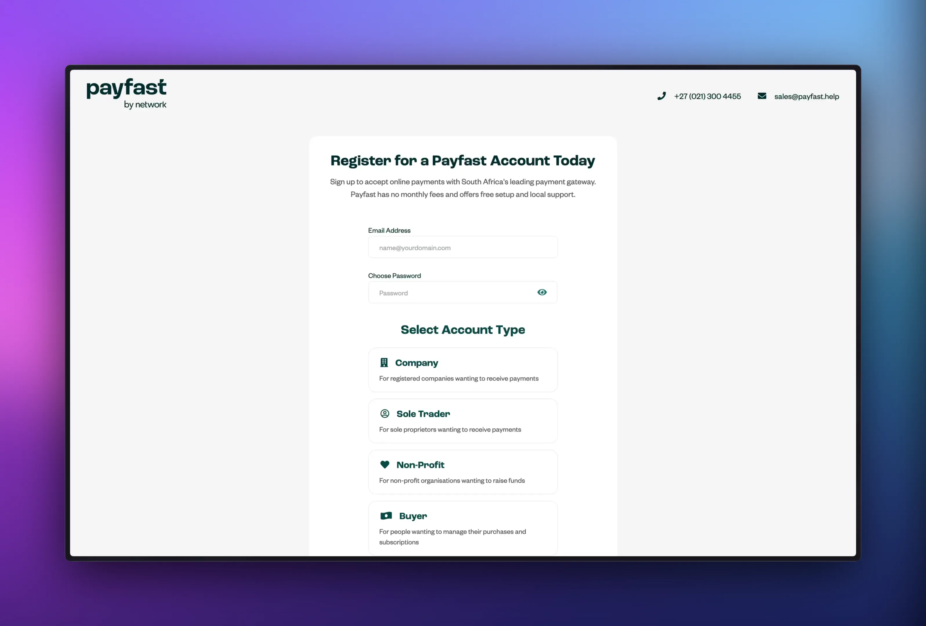 Screenshot of payfast registration page